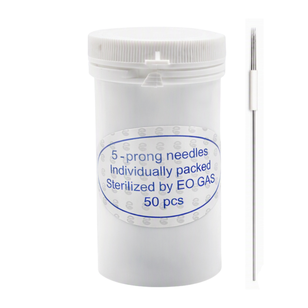 A white plastic container of 5-prong sterilized needles, shown next to a single individual needle on a plain white background. The label on the container reads '5 -prong needles Individually packed Sterilized by EO GAS 50 pcs'.