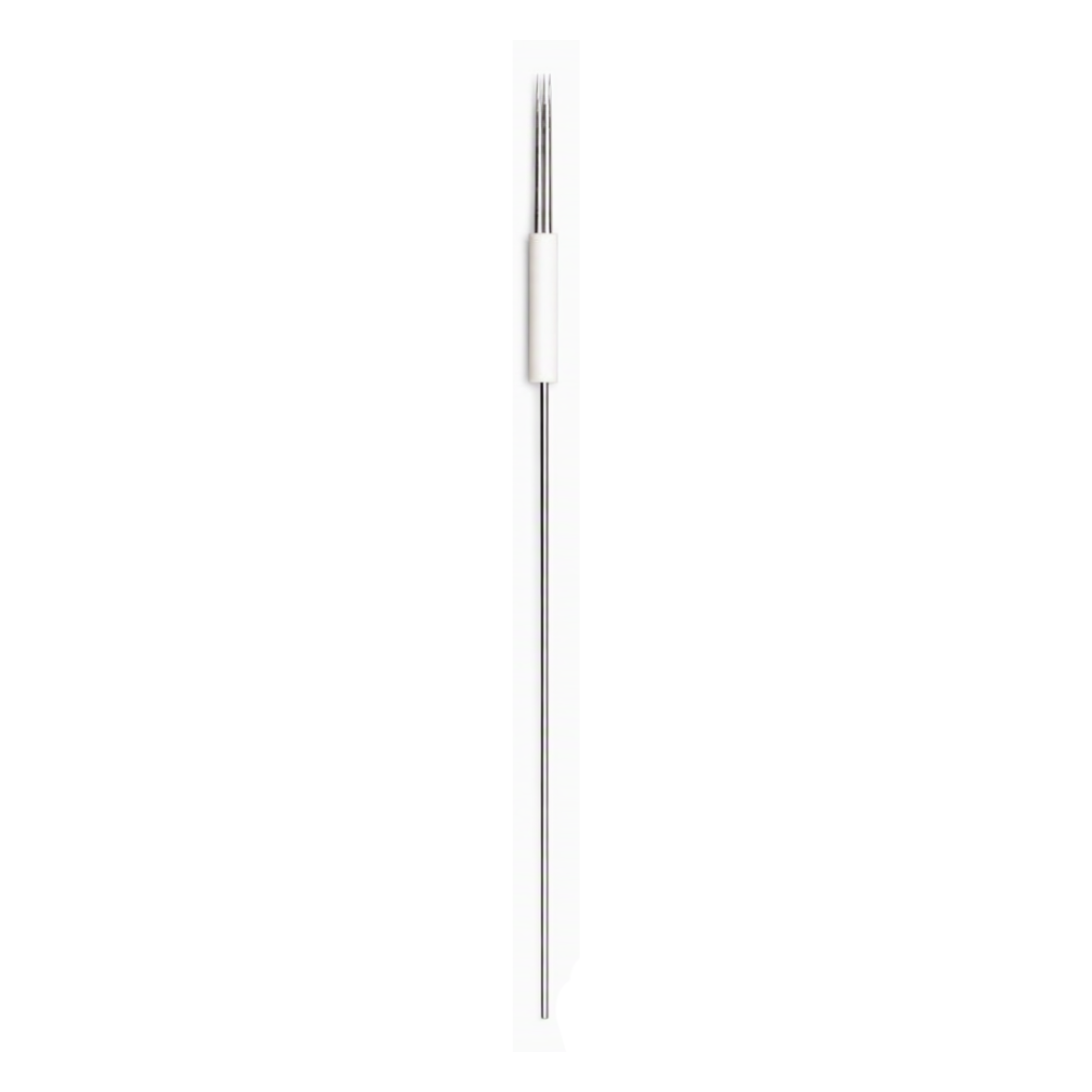 A 5prong needle, very thin vertical metallic silver, centered on a plain white background.