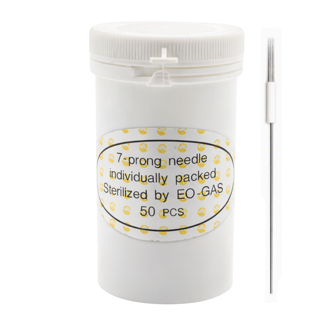 A white plastic container of 7-prong needles with a label reading '7-prong needle individually packed Sterilized by EO-GAS 50 pcs', shown next to a single long metal needle on a white background.