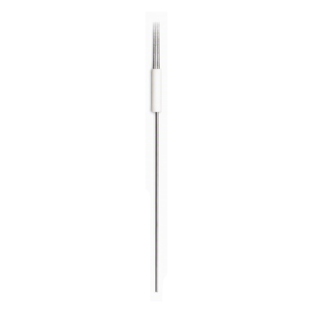 A 7prong needle, very thin vertical metallic silver, centered on a plain white background.