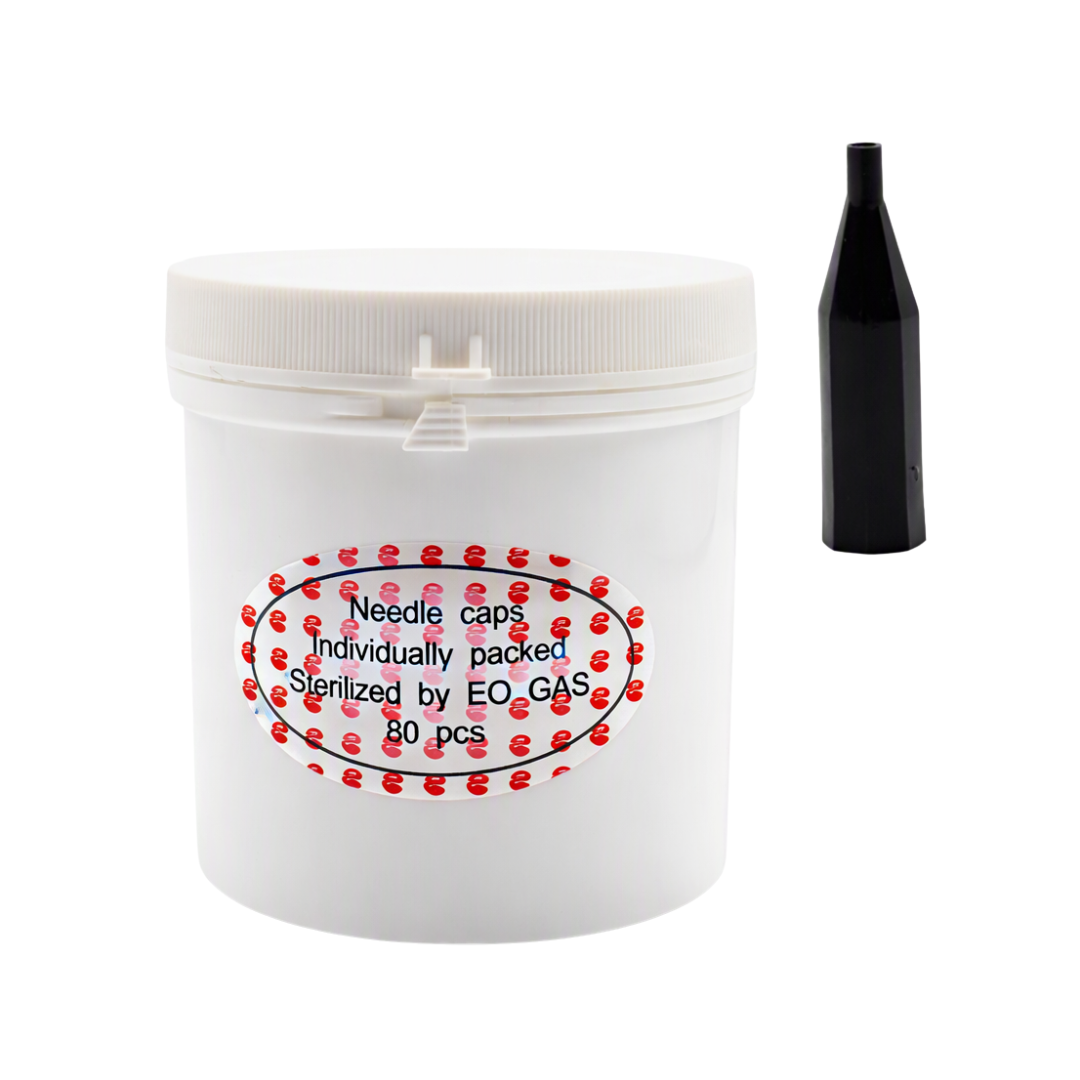 A white plastic jar containing 80 individually packed sterilized EO-GAS needle caps, shown next to a black permanent make-up needle cap designed to hold giant sun needles in place on a white background.