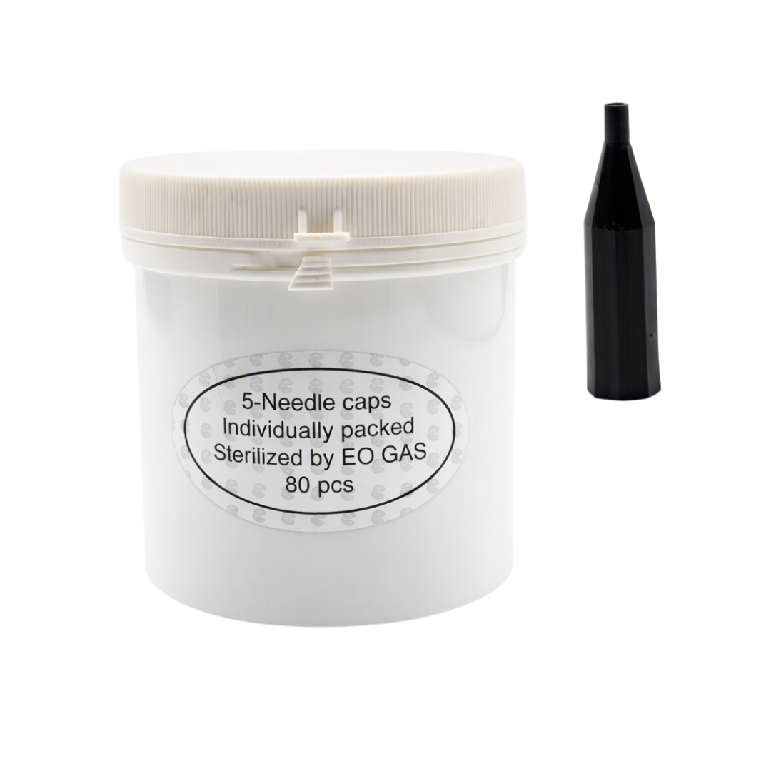 A white plastic jar labeled '5-Needle caps Individually packed Sterilized by EO GAS 80 pcs' with a black sterile needle cap shown beside it on a white background.