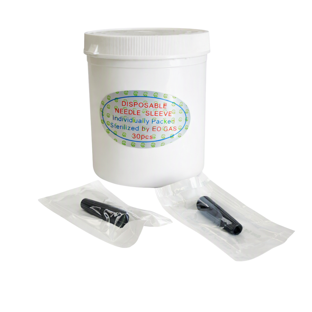 A white plastic container labeled 'DISPOSABLE NEEDLE SLEEVE Individually Packed Sterilized by EO GAS 30pcs' with two individually wrapped black needle sleeves placed in front on a white background.