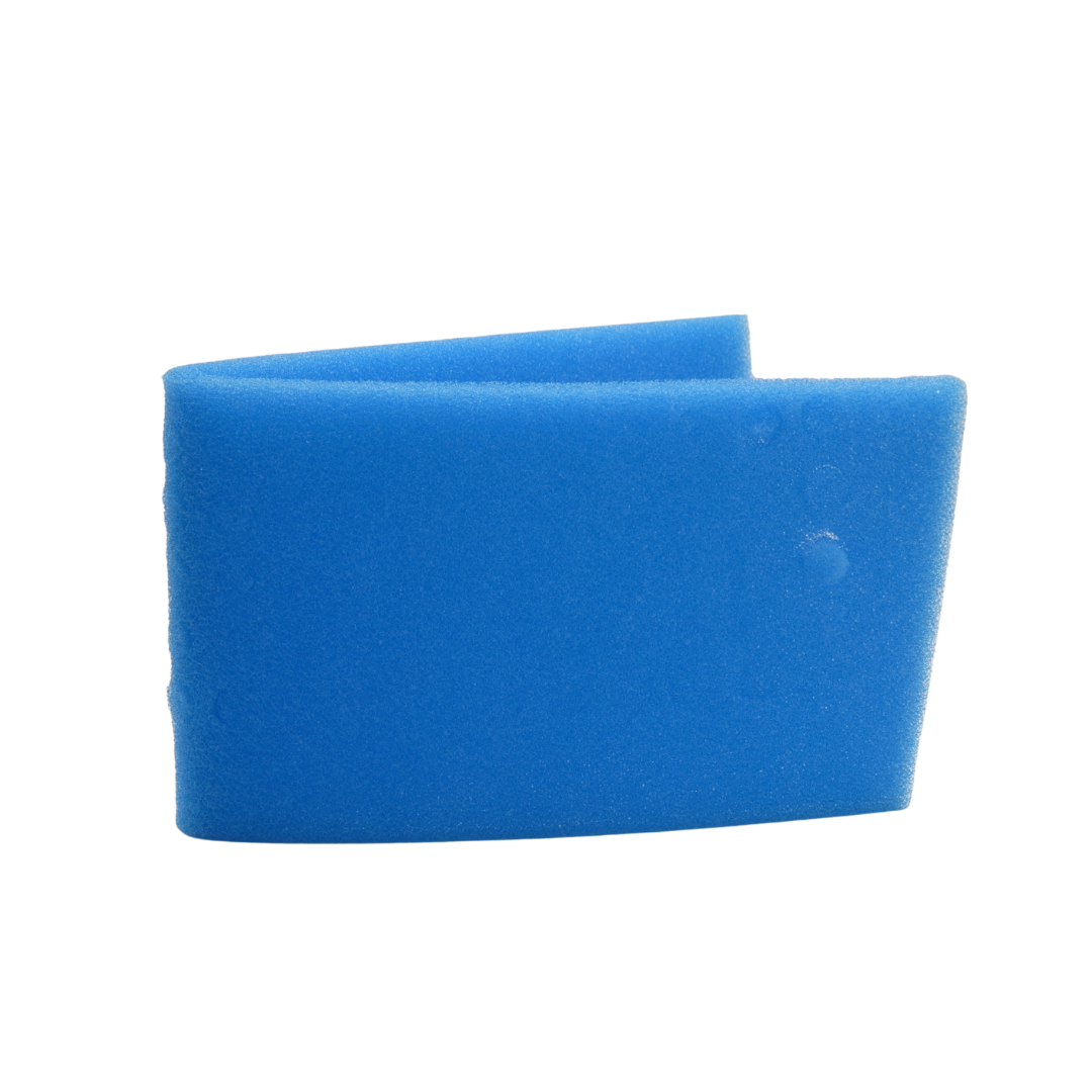 A bright blue foam piece, shown folded to display its texture and shape against a plain white background.