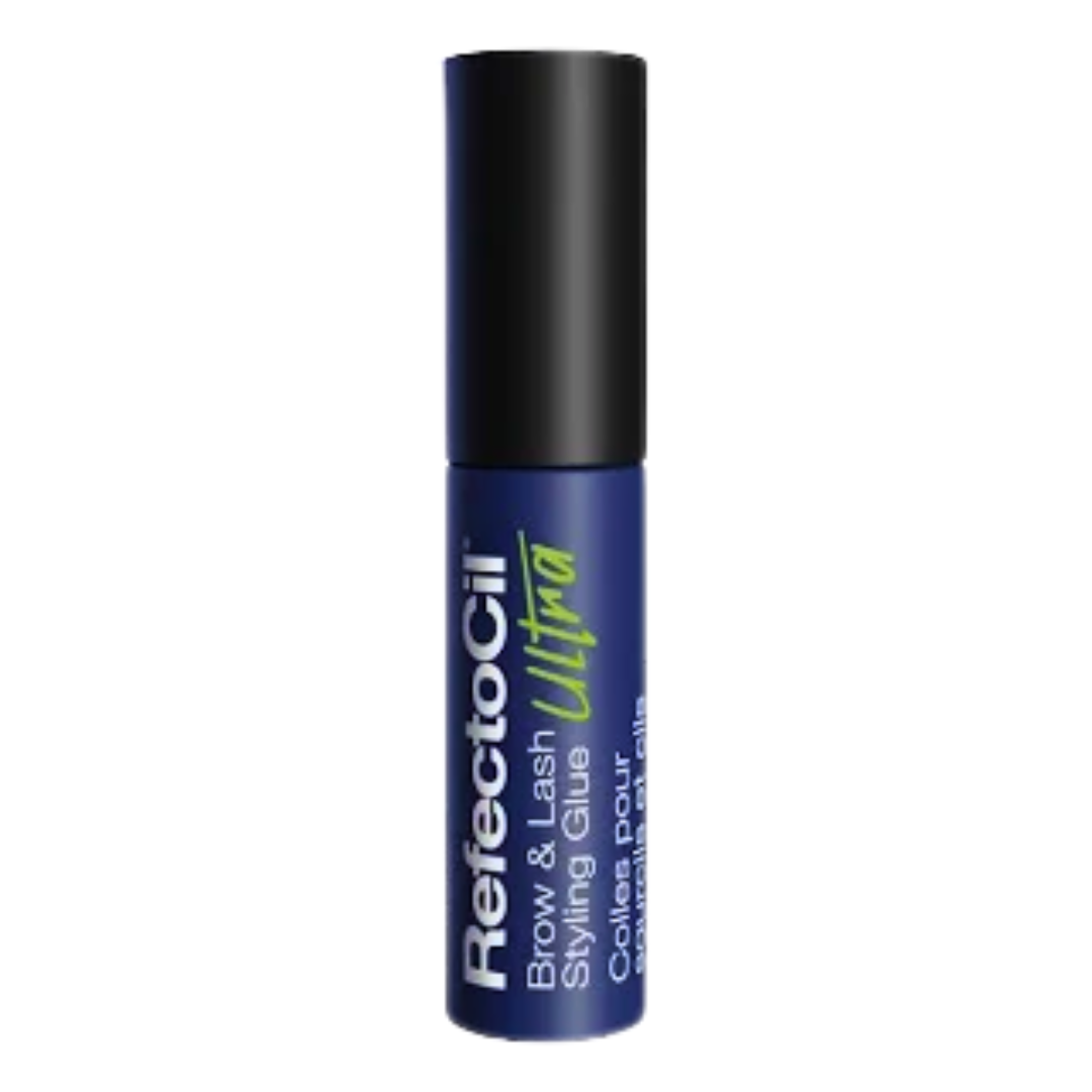A single tube of Refectocil Brow & Lash Styling Glue in the shade Ultra, featuring a dark blue body and a black cap, set against a plain white background.