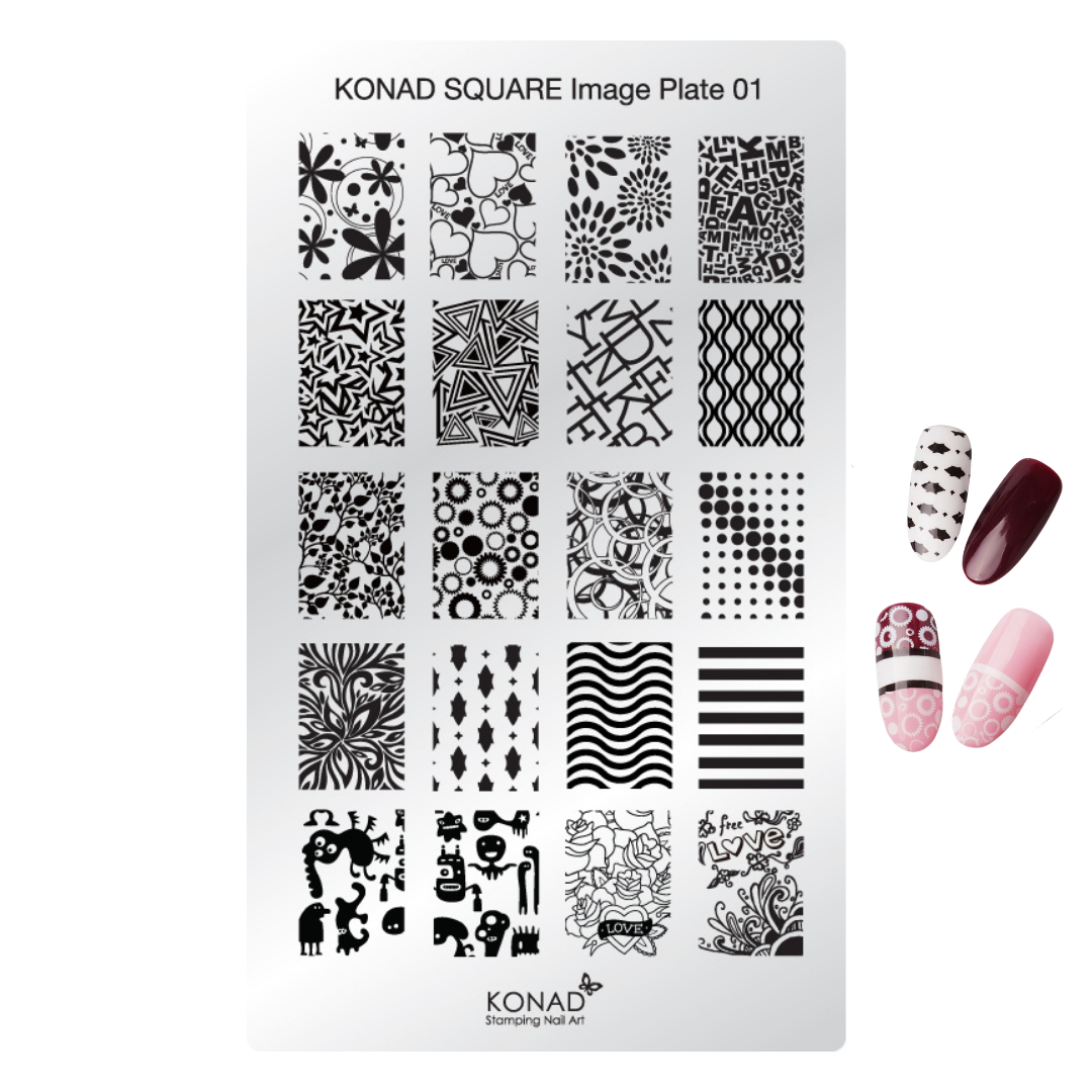 Konad Square Image Plate 01 nail stamping plate with 24 black-and-white floral and geometric stamp designs, shown on a white background with three sample nail wraps on the right.