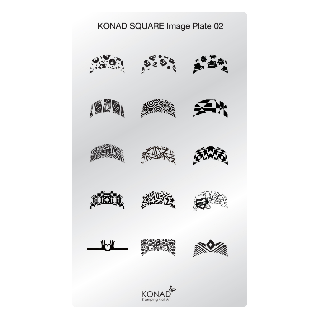 A metal stamping plate labeled 'KONAD SQUARE Image Plate 02' with multiple black decorative stamp templates arranged on a light gray background. The brand name 'KONAD' and 'stamping nail art' are visible at the bottom.