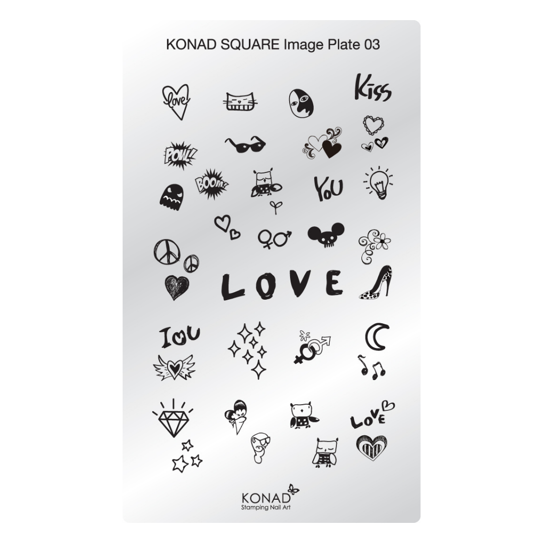 Konad Square Image Plate 03 featuring black hand-drawn style icons, words like LOVE and YOU, hearts, stars, and doodles on a white rectangular nail art stamping plate, with Konad branding at the top and bottom.
