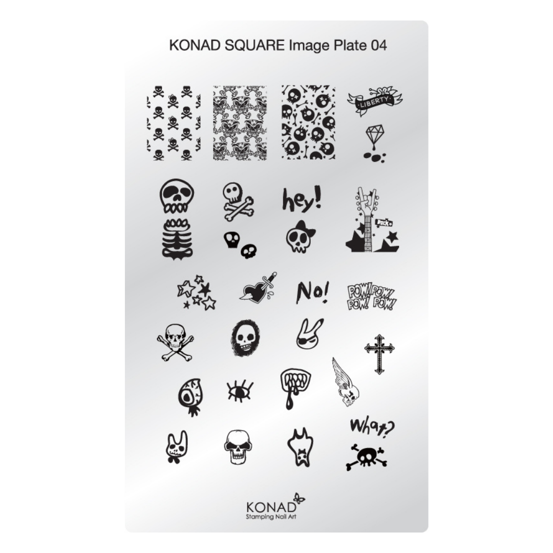Konad Square Image Plate 04 featuring various black metal stamping nail art stamping templates and gothic-themed illustrations on a white background.
