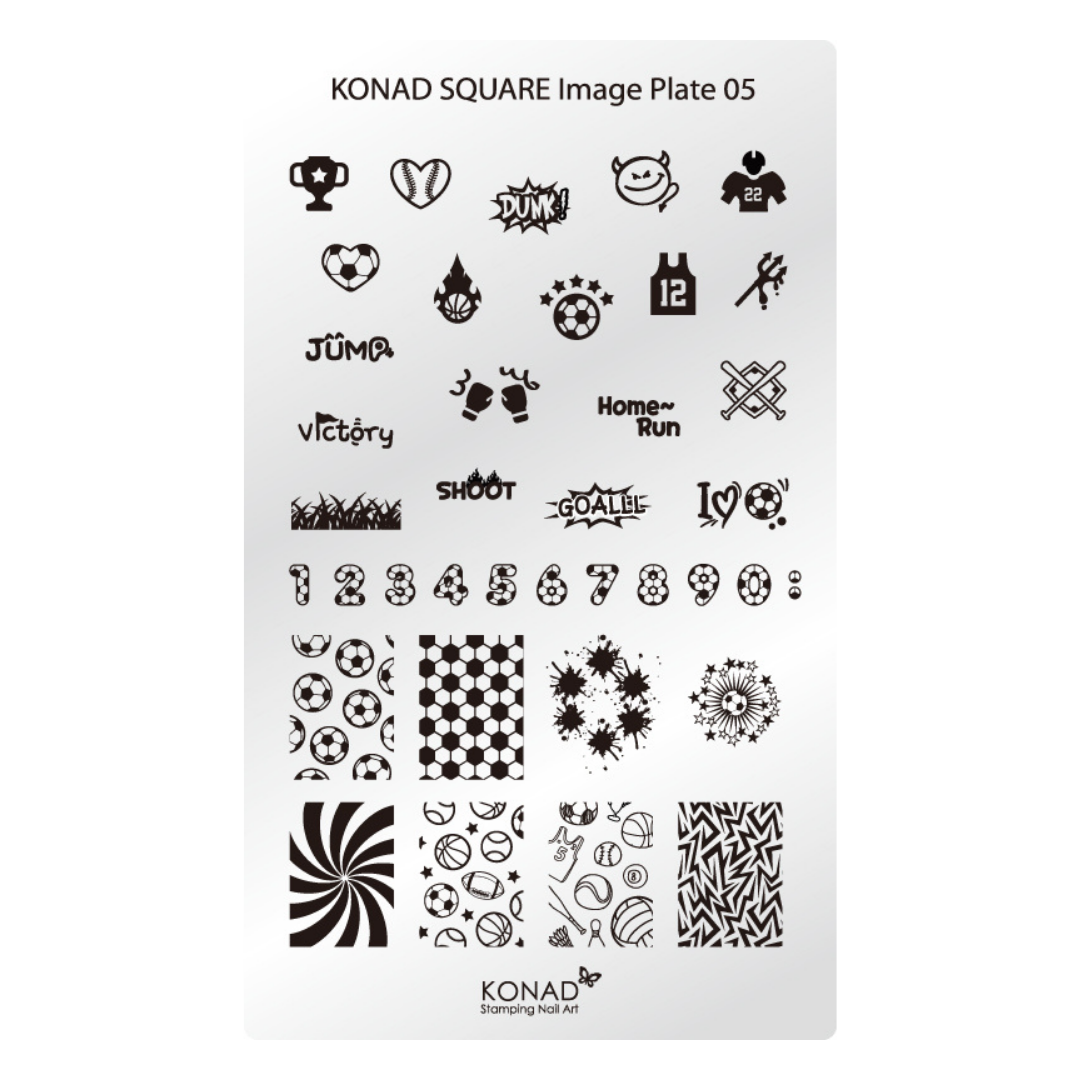 Konad Square Image Plate 05 nail art stamping plate with black sports-themed stencils, numbers, patterns, and text on a white background.