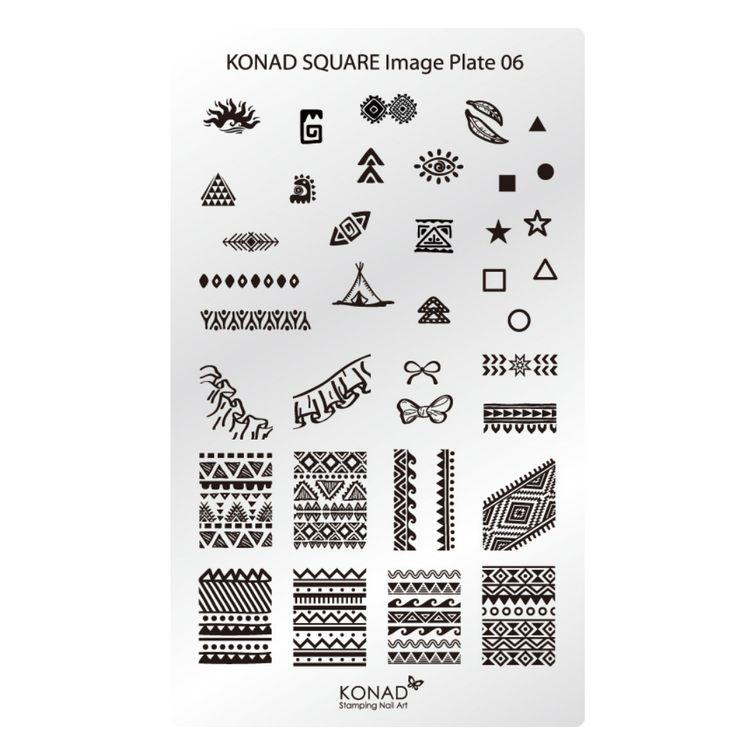 Konad Square Image Plate 06 featuring a white metal nail art stamping plate with black engraved tribal patterns, geometric designs, and animal motifs.