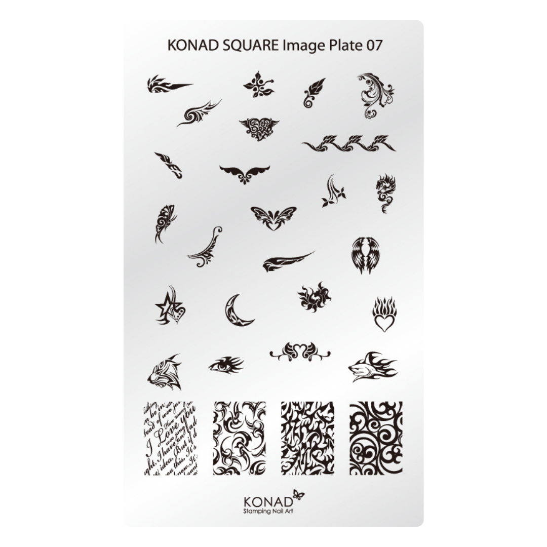Konad Square Image Plate 07 stamping plate, featuring various black tribal and floral patterns on a white rectangular plate, with the Konad brand logo at the bottom.