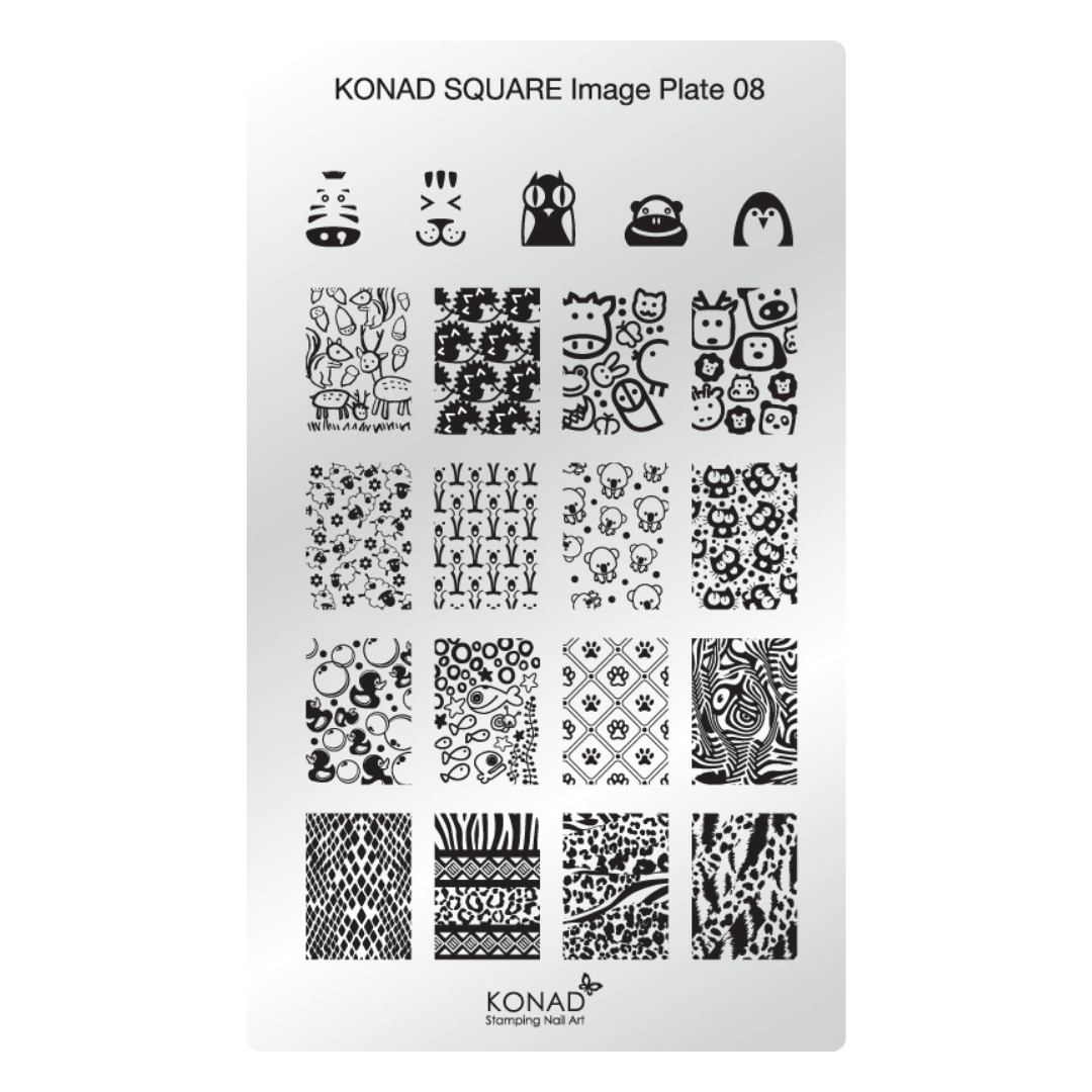 Konad Square Image Plate 08 metal nail art stamping plate with black engraved animal and pattern designs on a white background.