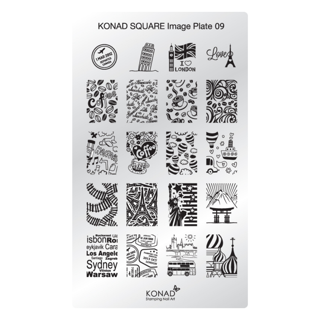 A KONAD Square Image Plate 09 nail art stamping steel plate featuring 16 different black and white travel-themed stencils, including London, Paris, Sydney, and Warsaw designs, on a white background.