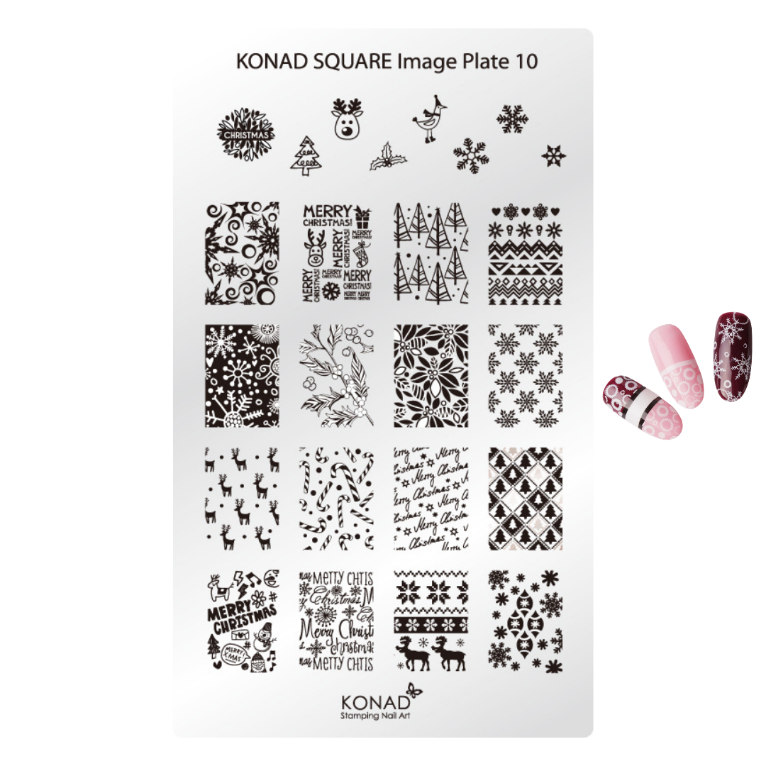 Konad Square Image Plate 10 featuring various black-and-white Christmas-themed nail art stamping patterns, shown with three pink nail art sample swatches on a white background.