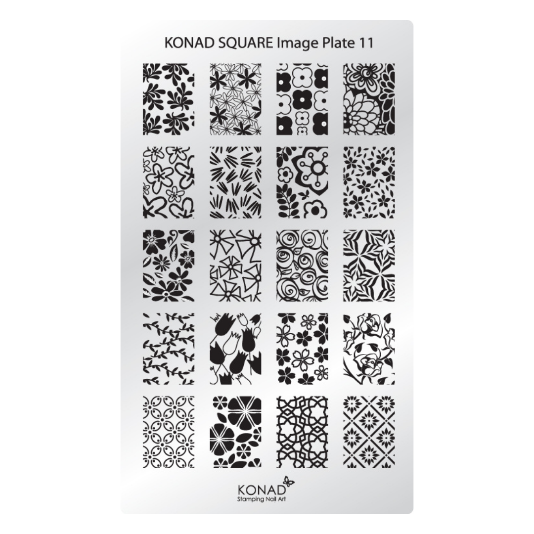 Konad Square Image Plate 11 nail art stamping plate featuring 24 black floral and geometric stamp designs on a white background, with Konad branding at the top and bottom.