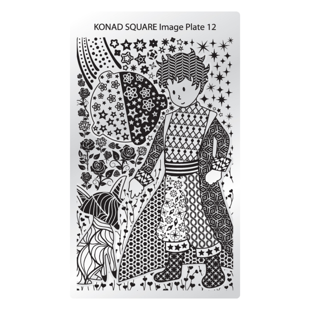 A square metal stencil plate labeled 'KONAD SQUARE Image Plate 12' featuring a black-and-white folkloric illustration of a woman, stars, flowers, and a dog.