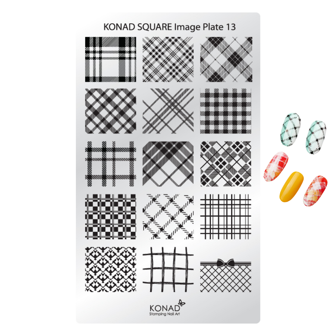 Konad Square Image Plate 13 nail art stamping plate featuring black and gray plaid and checkered patterns, shown on a white background with three sample decorated nails on the right.