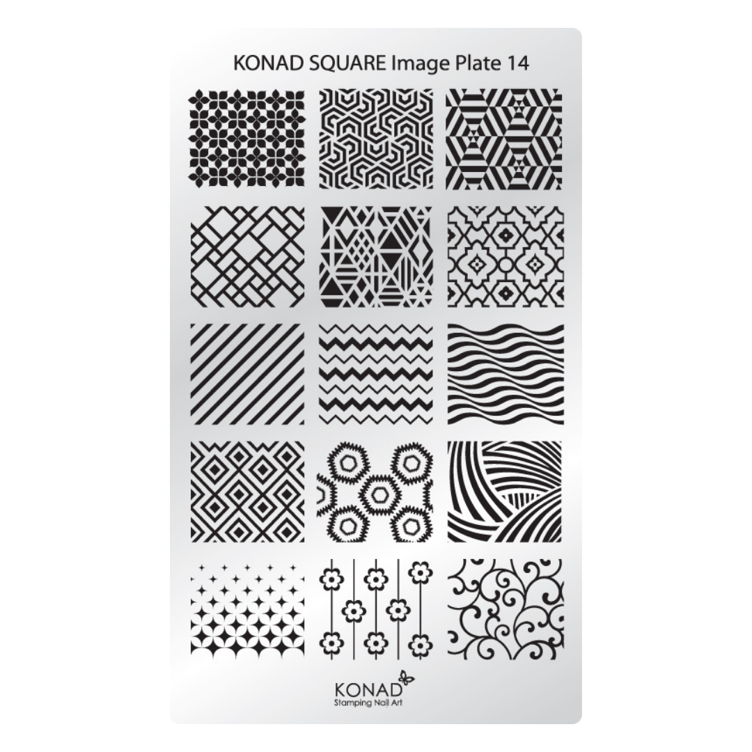 Konad Square Image Plate 14 stamping plate with 16 black geometric and floral pattern templates on a white background.