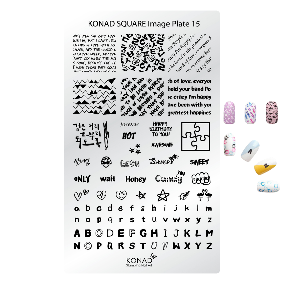 A clear rectangular stamping plate labeled KONAD SQUARE Image Plate 15, shown on a white background with black printed sample designs and text motifs. To the right are several colorful nail art sample swatches.