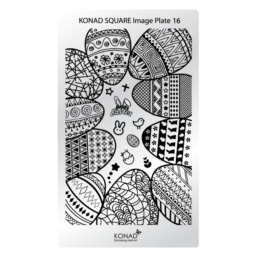Konad Square Image Plate 16 with black and white patterns on a white background