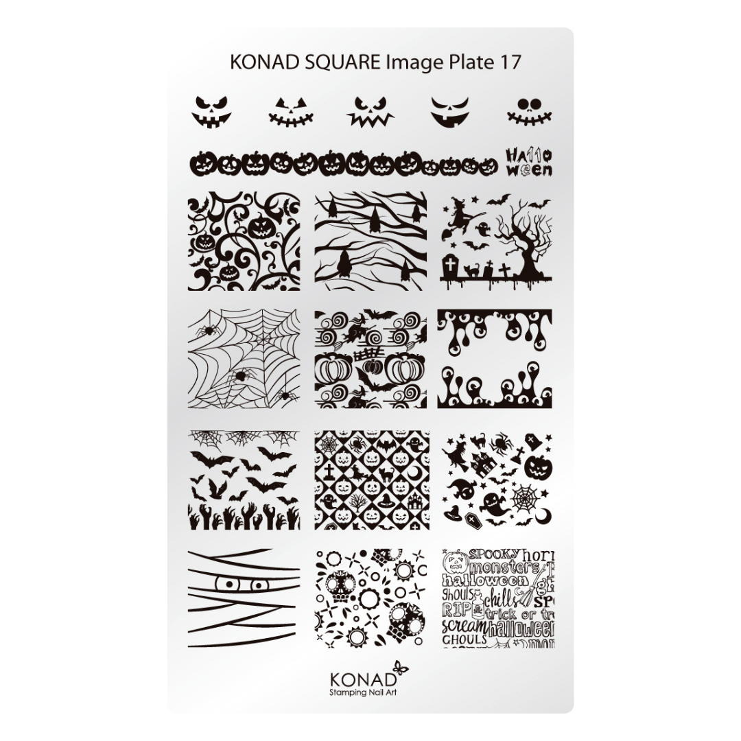 Konad Square Image Plate 17 for nail art stamping, featuring various black-and-white Halloween-themed designs including jack-o'-lanterns, spiderwebs, bats, ghosts, and spooky text on a white plate.