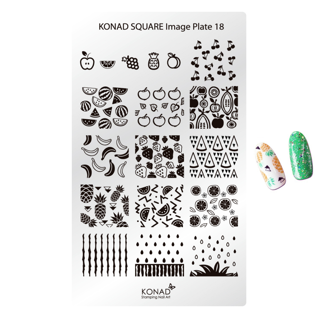 Konad Square Image Plate 18 nail art stamping plate with black fruit and pattern designs on a white background, shown with two decorated nail tips featuring the printed patterns.