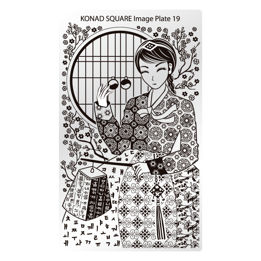 A square black-and-white printed plate or card featuring an illustrated woman in a patterned kimono holding small cups in front of a round window, with floral borders and text reading 'KONAD SQUARE Image Plate 19' at the top.