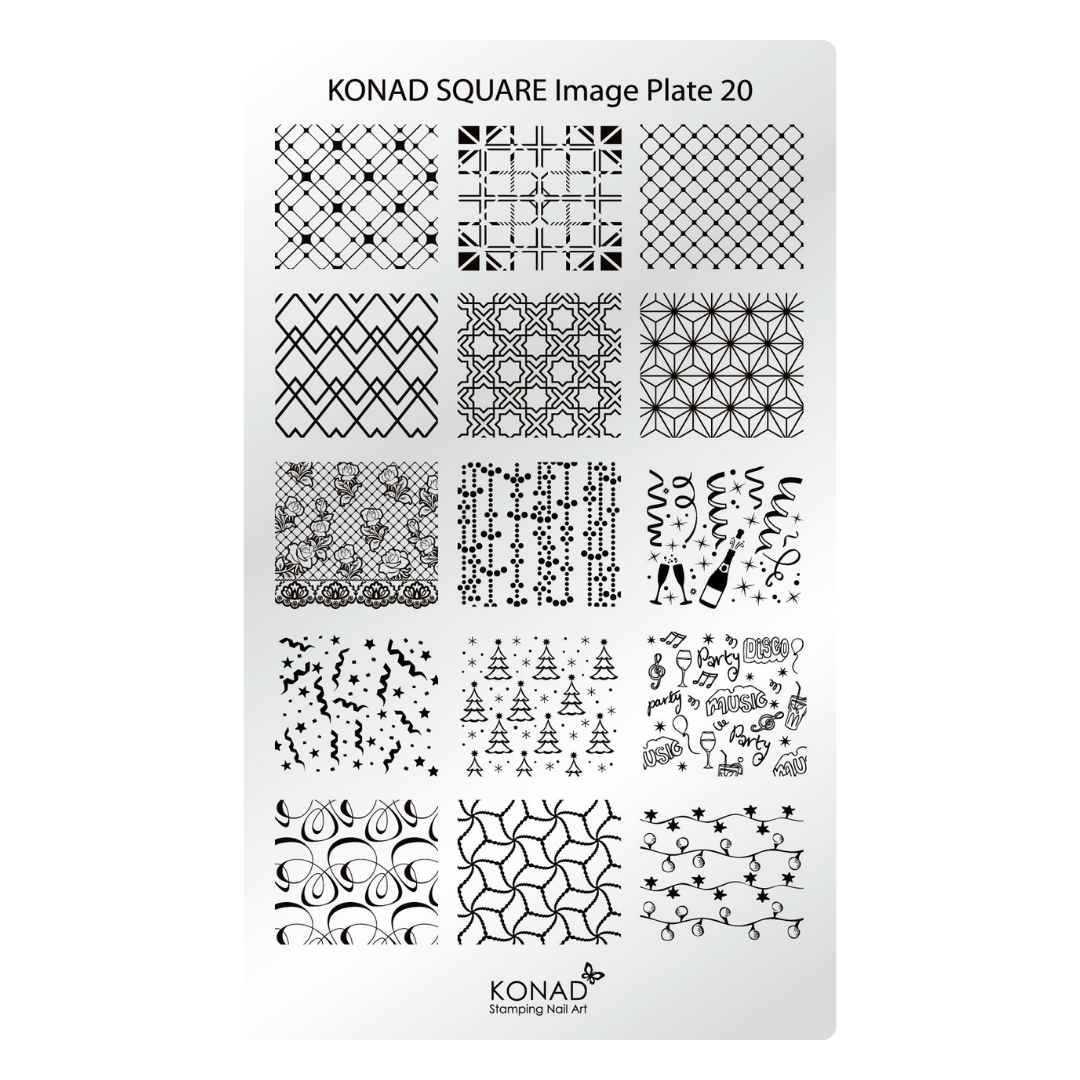 Konad Square Image Plate 20 stamping plate with 16 black metal stamp designs on a white plate, shown against a white background.