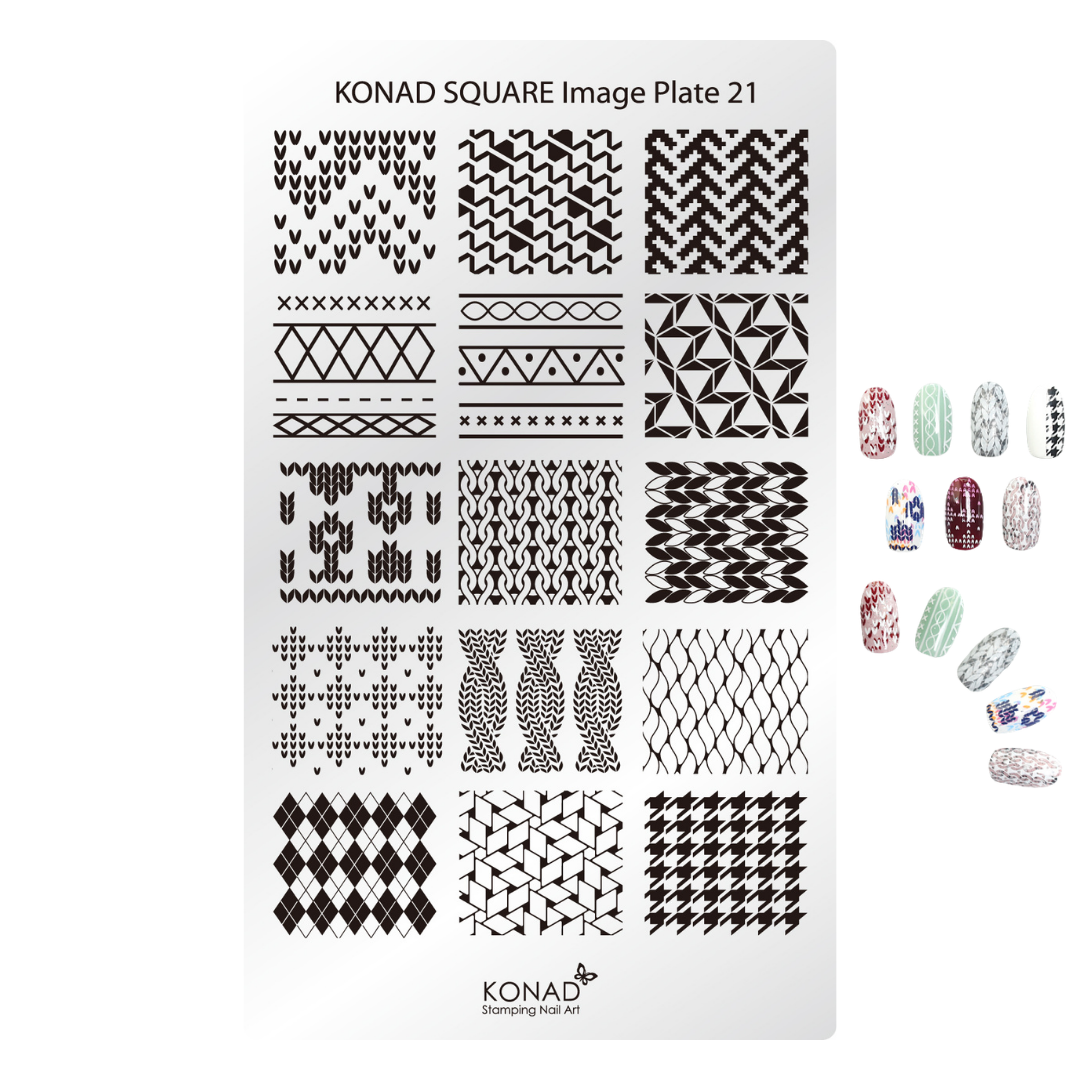Konad Square Image Plate 21 nail stamping plate with black geometric and tribal patterns on a white background, shown with sample nail wraps on the right.