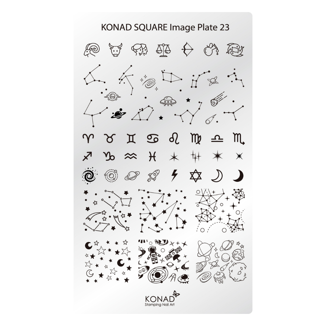 A white rectangular stamping plate labeled 'KONAD SQUARE Image Plate 23' with many small black celestial and zodiac-themed line drawings, including constellations, stars, moons, planets, and astrological symbols.