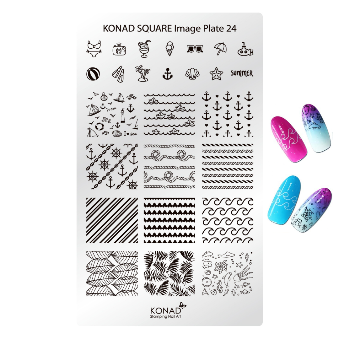 Konad Square Image Plate 24 nail stamping plate with black ocean-themed icons, waves, anchors, stripes, and palm leaves on a white plate, shown alongside three sample nail wraps with pink, blue, and purple gradient designs.