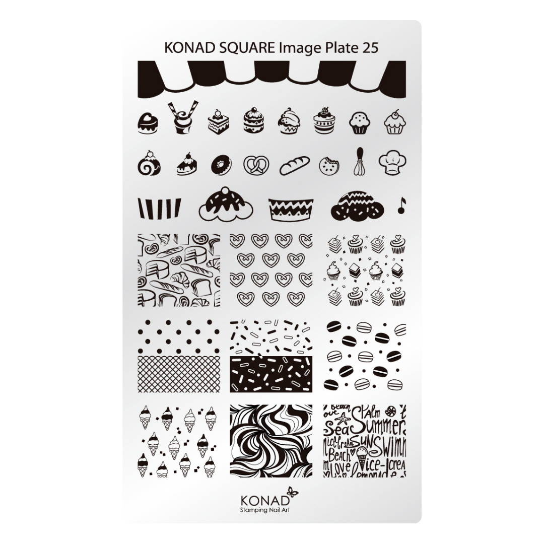 A Konad Square Image Plate 25 stamping plate for nail art, featuring various black and white food-themed illustrations, patterns, and text designs on a white background.