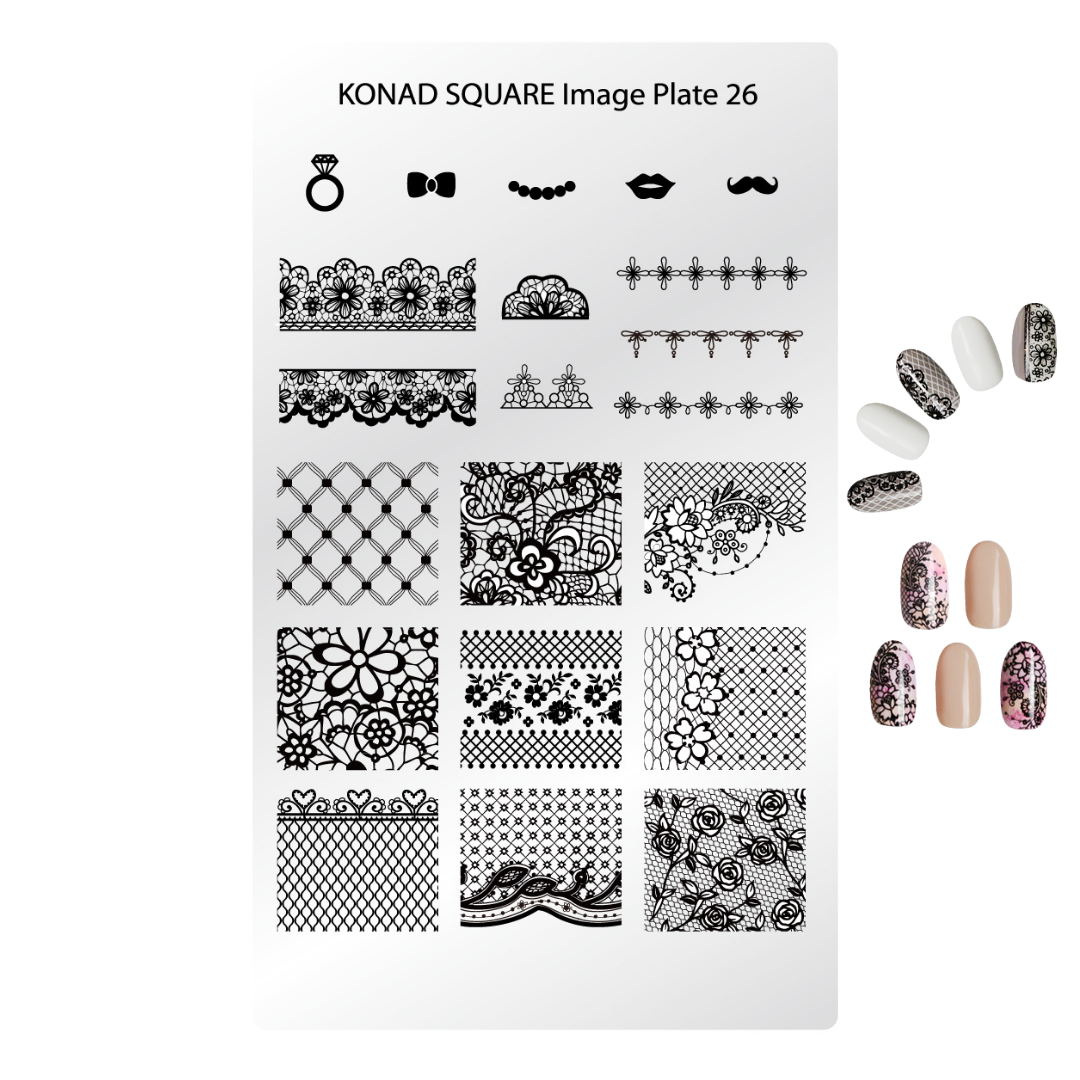 Konad Square Image Plate 26 nail stamping plate with black floral lace and pattern designs on a white background, shown next to sample nail wraps in white, nude, and pink.