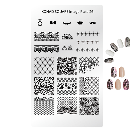 Konad Square Image Plate 26 nail stamping plate with black floral lace and pattern designs on a white background, shown next to sample nail wraps in white, nude, and pink.