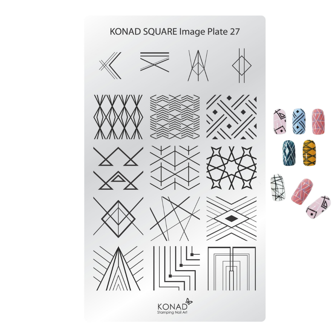 Konad Square Image Plate 27 nail stamping plate with black geometric line patterns, shown on a white background with six example painted nail tips on the right.