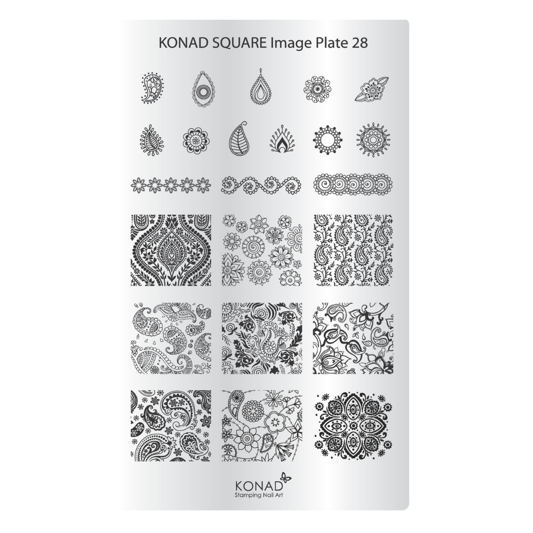 Konad Square Image Plate 28 stamping nail art plate featuring 24 black and white floral, paisley, and ornamental stamp designs on a white rectangular plate.