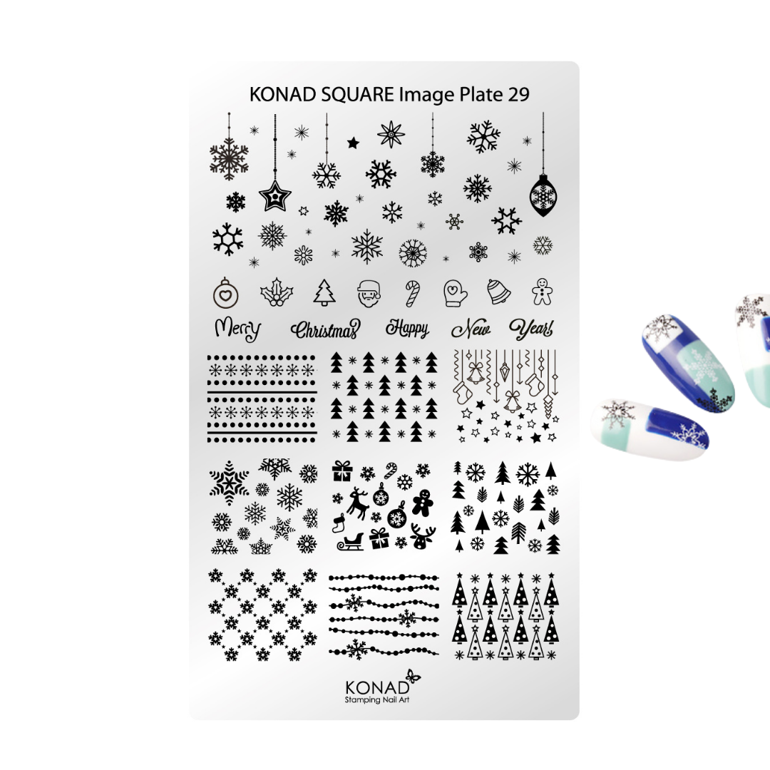 KONAD Square Image Plate 29 nail stamping plate with black Christmas-themed designs including snowflakes, ornaments, trees, and holiday text, shown on a white background with two decorated nail tips on the right.