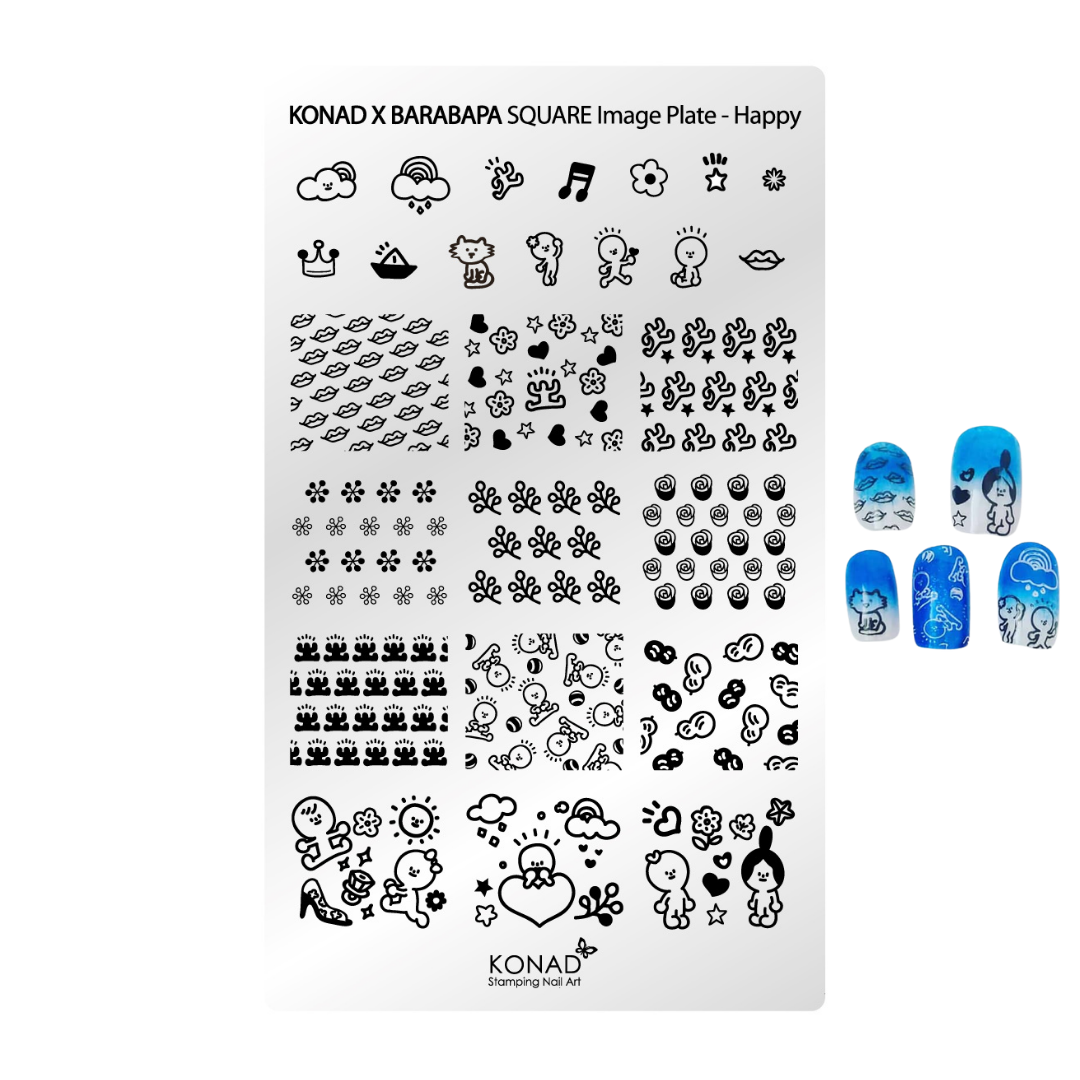 Konad X Barabapa Square Image Plate for nail art featuring black and white cartoon icons, surrounded by four blue and white sample nail designs on a white background.