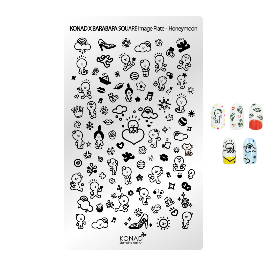 Konad x Barbapa Square Image Plate for nail art, featuring the 'Honeymoon' design with black cartoon doodles on a silver plate, shown alongside three sample nail wraps on the right.