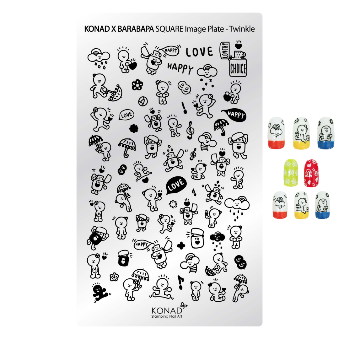 Konad x Barabapa Square Image Plate Twinkle stamping ink kit, featuring a white metal plate with black cartoon characters and text, alongside six color sample swatches in red, orange, yellow, green, blue, and white.