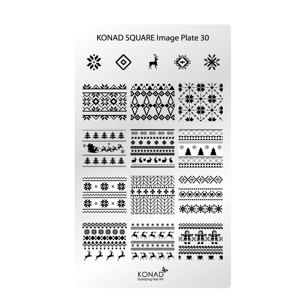 Konad Square Image Plate 30, a white nail art stamping plate featuring black winter-themed designs including snowflakes, Christmas trees, reindeer, and festive patterns.
