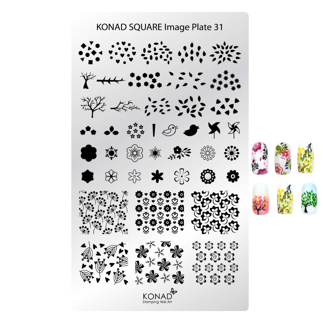 Konad Square Image Plate 31 nail stamping plate with black floral and botanical stencil designs on a white background, shown alongside five colorful nail art sample swatches.