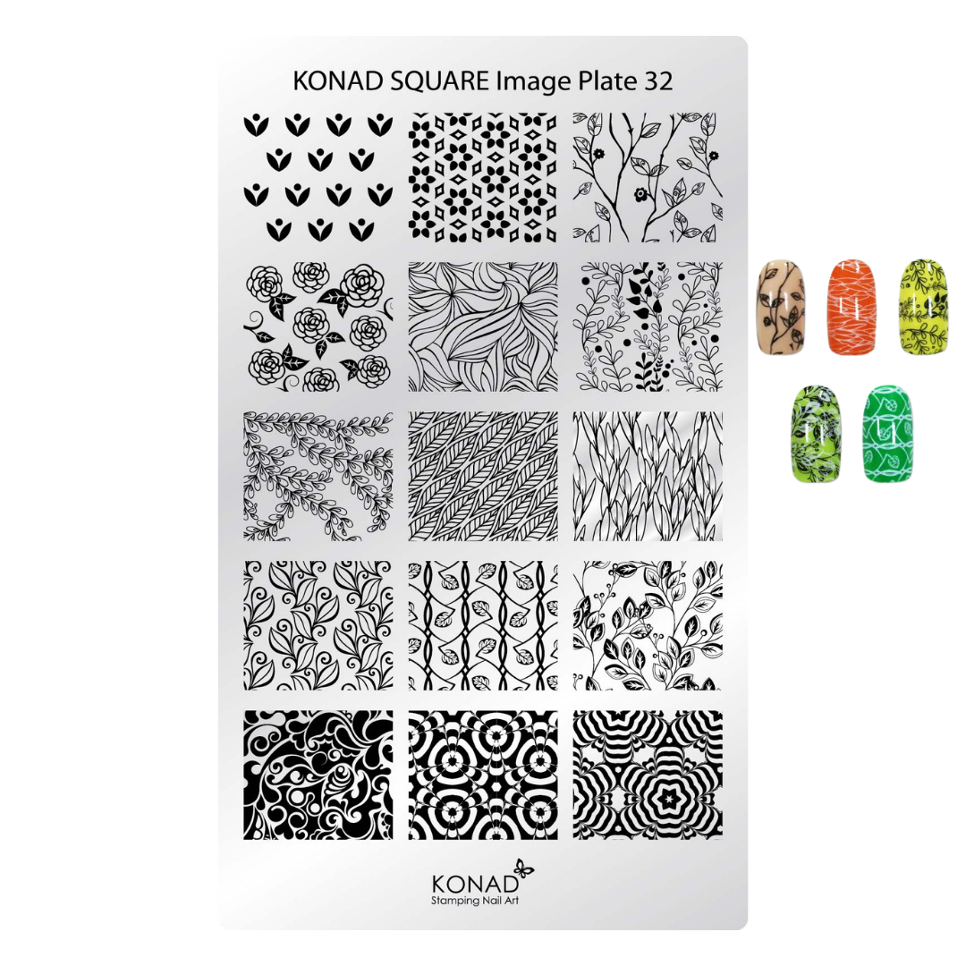 Konad Square Image Plate 32 nail stamping plate from the stamping nail kit, featuring 16 black floral and botanical stamp designs on a white plate, shown with six colored nail tips demonstrating the printed patterns.
