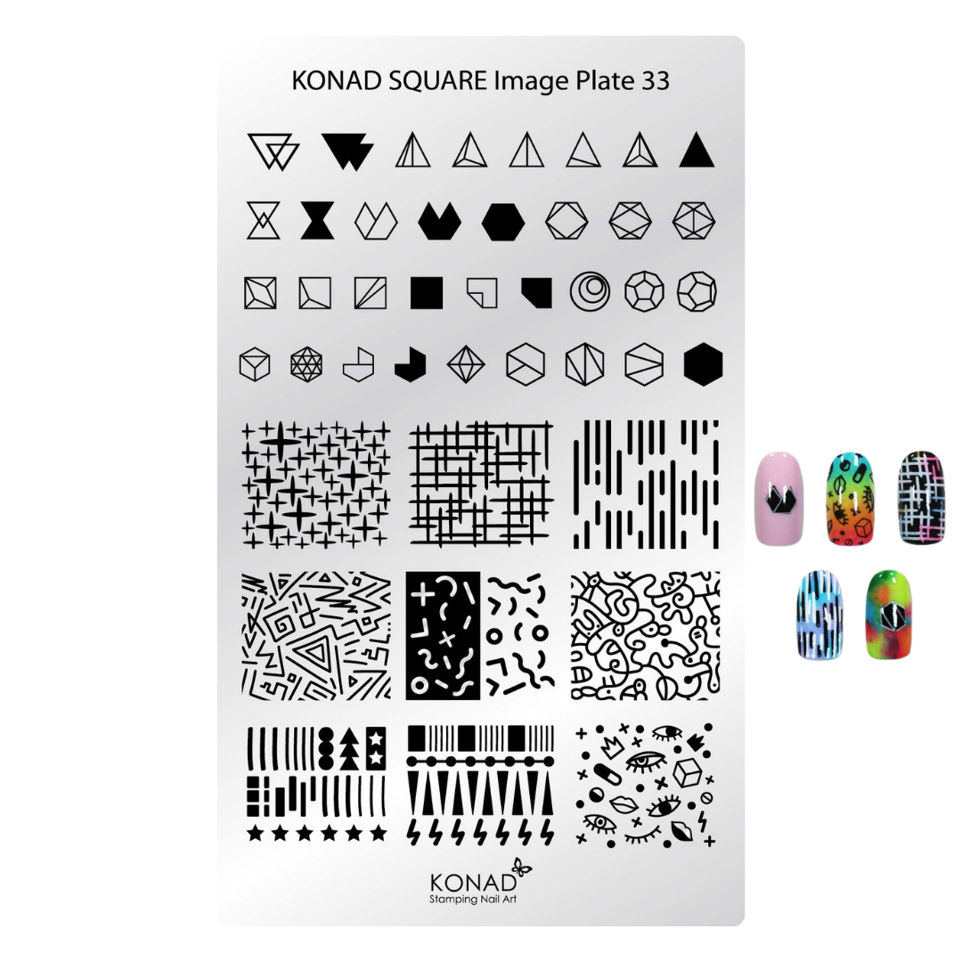 Konad Square Image Plate 33 nail stamping plate with black geometric and abstract stamp designs on a white plate, shown next to four colorful nail sample swatches.