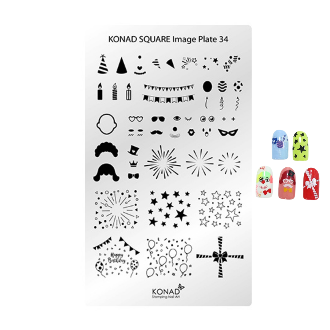 Konad Square Image Plate 34 nail stamping plate with black festive and party-themed stencils, shown on a white background with four sample nail designs on the right.