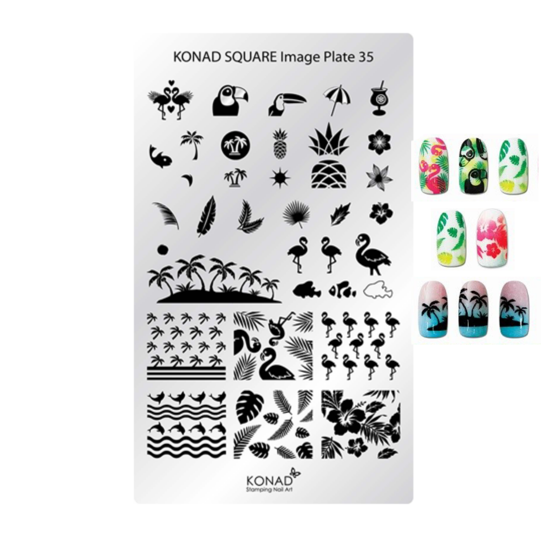 Konad Square Image Plate 35 nail stamping plate with black tropical designs, shown alongside four sample nail wraps featuring floral, flamingo, palm tree, and beach-themed patterns.