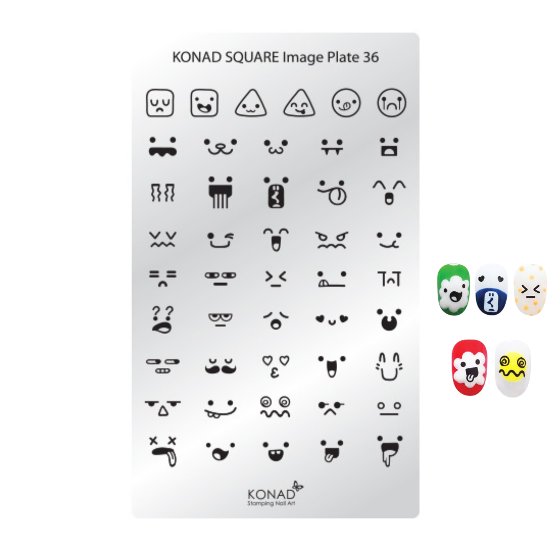 Konad Square Image Plate 36 nail stamping plate with black emoji-style facial symbols on a white background, plus four small example nail art designs shown to the right.