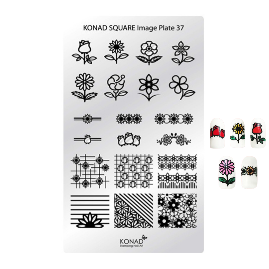 Konad Square Image Plate 37 nail stamping plate with black floral and geometric line designs, shown on a white background with four sample nail wraps featuring red, yellow, and pink flowers.