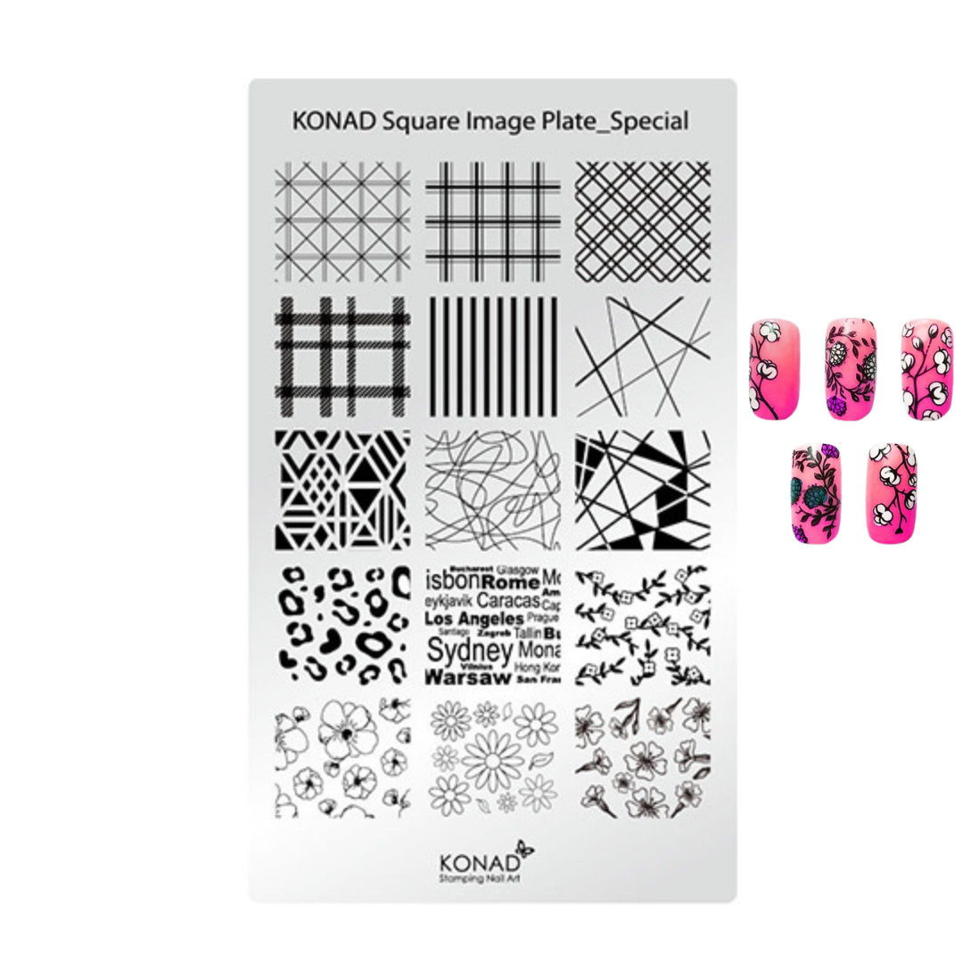 A KONAD Square Image Plate Special nail stamping plate shown on a white background, with black geometric and floral line patterns on a silver plate. To the right are four pink nail tips decorated with matching black floral and geometric stamp designs.